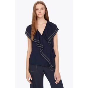 Tory Burch "Adelia" Navy Blue Wrap Top w/ Ruffle Trim, Size 12, NWT! $298